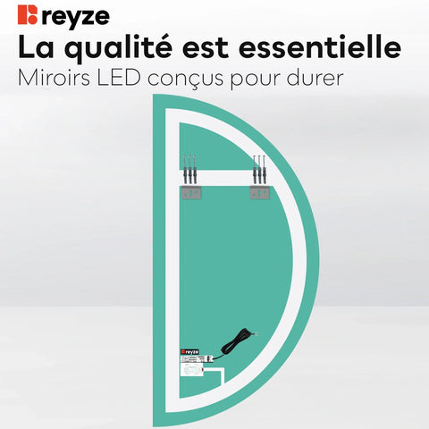 Miroir LED Demi-Lune | Bouton Tactile | Lumière blanche froide - Reyze Série Salono Modèle 1 - Côté Droit