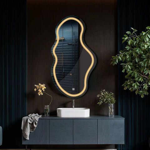 Miroir LED Asymétrique 2 | Bouton Tactile | Lumière Blanche Chaude - Reyze Série Salono Modèle 1 - Vertical