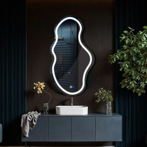 Miroir LED Asymétrique 2 | boutons tactiles | Fonction Anti-Buée | Lumière blanche froide - Reyze Série Salono Modèle 1 - Vertical