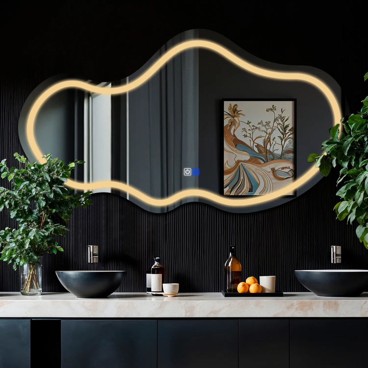 Miroir LED Asymétrique 2 | boutons tactiles | Fonction Anti-Buée | Lumière Blanche Chaude - Reyze Série Salono Modèle 1 - Horizontal