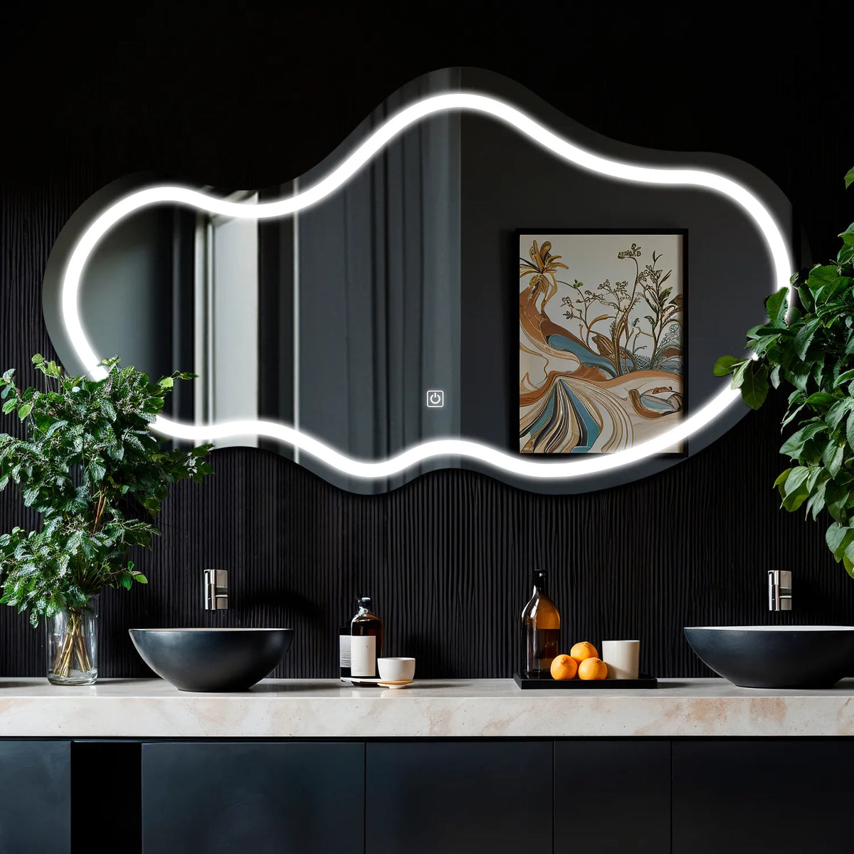 Miroir LED Asymétrique 2 | Bouton Tactile | Lumière blanche froide - Reyze Série Salono Modèle 1 - Horizontal