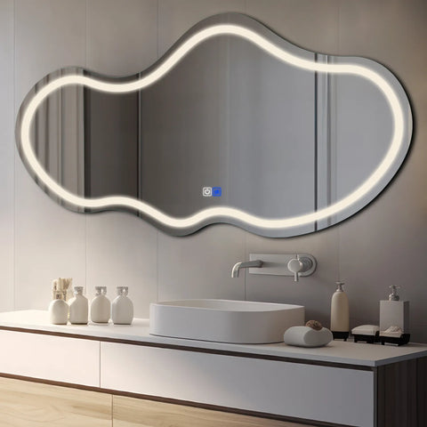 Miroir LED Asymétrique 2 | boutons tactiles | Fonction Anti-Buée | Lumière blanche neutre - Reyze Série Salono Modèle 1 - Horizontal