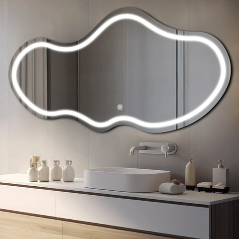 Miroir LED Asymétrique 2 | Bouton Tactile | Lumière blanche froide - Reyze Série Salono Modèle 1 - Horizontal