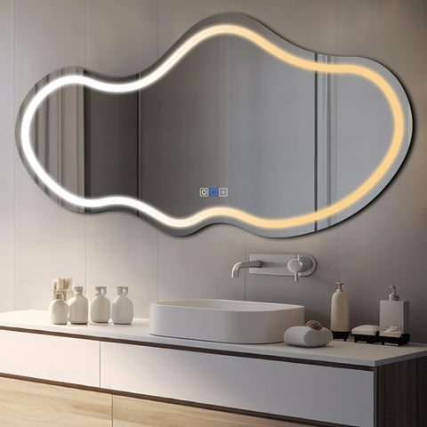 Miroir LED Asymétrique 2 | boutons tactiles | Fonction Anti-Buée | Température de couleur réglable - Reyze Série Salono Modèle 1 - Horizontal