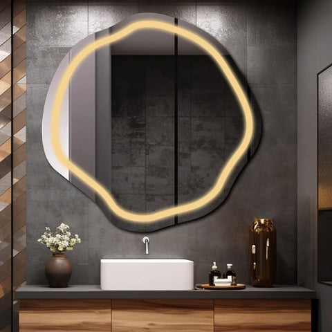Miroir LED Asymétrique Ovale | Sans Boutons Tactiles | Lumière Blanche Chaude - Reyze Série Salono Modèle 1