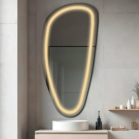 Miroir LED Asymétrique Vertical | Sans Boutons Tactiles | Lumière Blanche Chaude - Reyze Série Salono Modèle 1