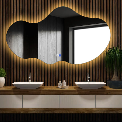 Miroir LED Asymétrique 2 | boutons tactiles | Fonction Anti-Buée | Lumière Blanche Chaude - Reyze Série Ambient Modèle 1 - Horizontal