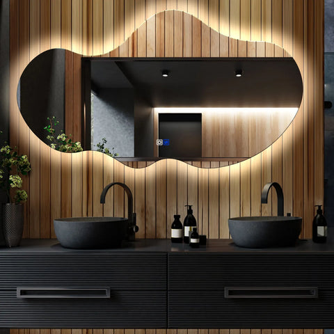 Miroir LED Asymétrique 2 | boutons tactiles | Fonction Anti-Buée | Lumière blanche neutre - Reyze Série Ambient Modèle 1 - Horizontal