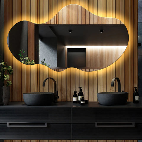 Miroir LED Asymétrique 2 | Sans Boutons Tactiles | Lumière Blanche Chaude - Reyze Série Ambient Modèle 1 - Horizontal