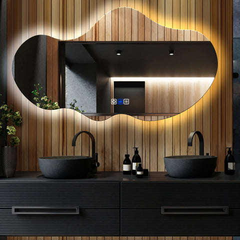 Miroir LED Asymétrique 2 | boutons tactiles | Fonction Anti-Buée | Température de couleur réglable - Reyze Série Ambient Modèle 1 - Horizontal
