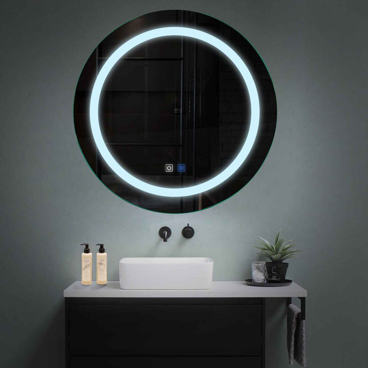 Miroir LED Rond | boutons tactiles | Fonction Anti-Buée | Lumière blanche froide - Reyze Série Salono Modèle 1
