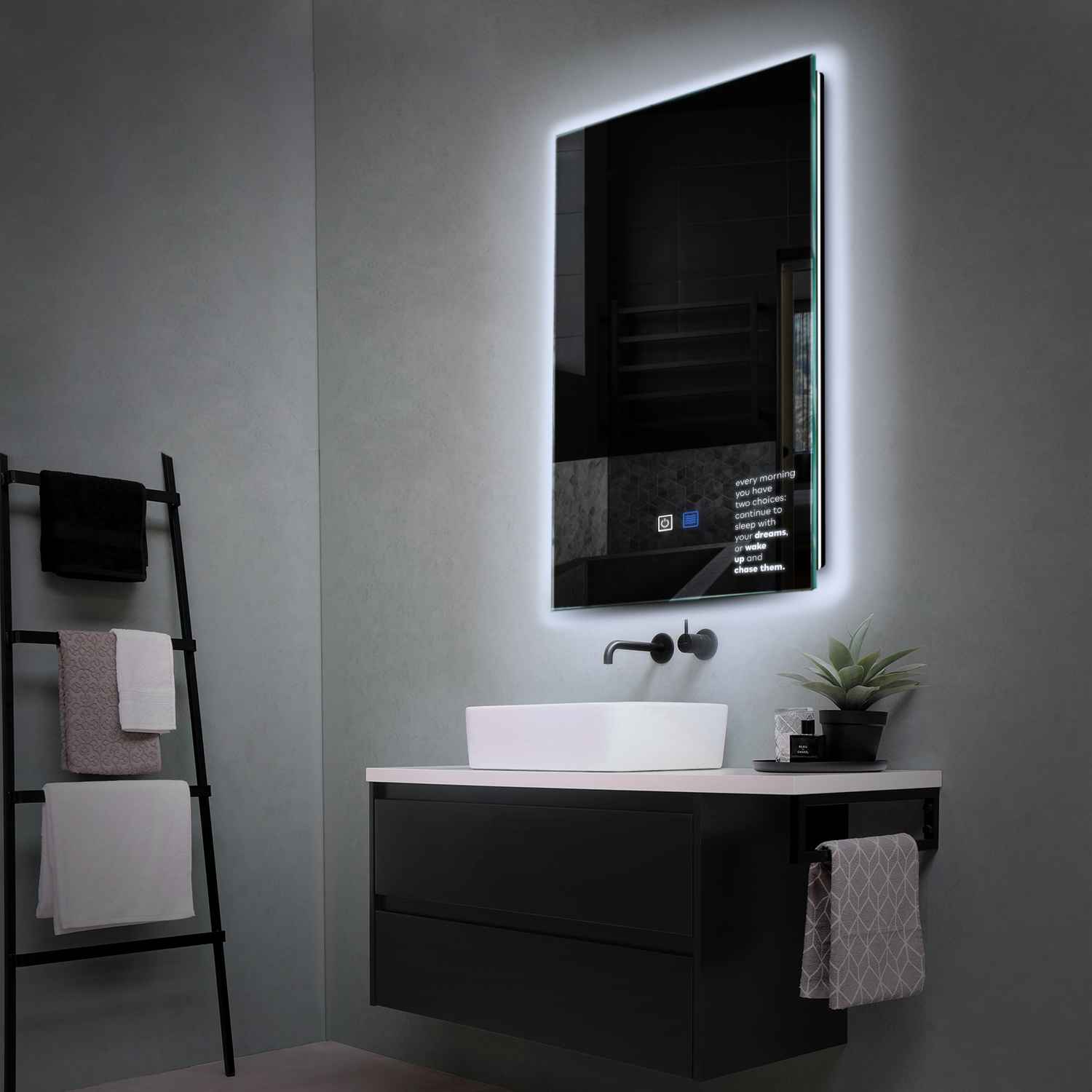 Miroir LED Vertical | boutons tactiles | Fonction Anti-Buée | Lumière blanche froide - Reyze Série Motivated Modèle 2
