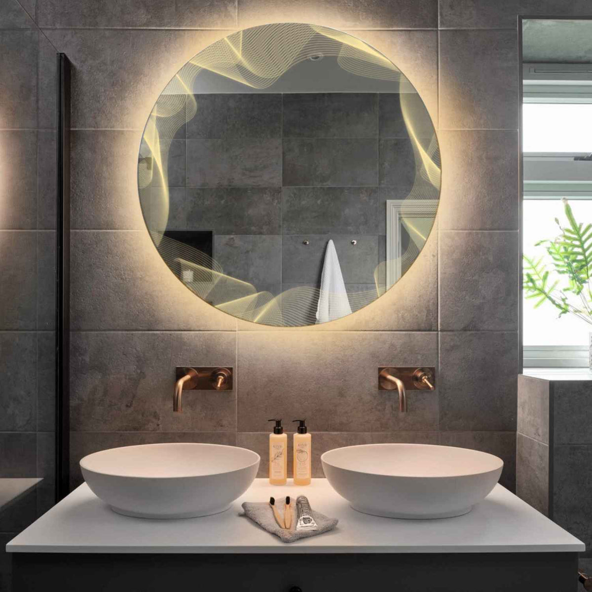 Miroir LED Rond | Sans Boutons Tactiles | Lumière Blanche Chaude - Reyze Série Simetria Modèle 3