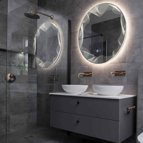 Miroir LED Rond | boutons tactiles | Fonction Anti-Buée | Lumière blanche neutre - Reyze Série Simetria Modèle 3