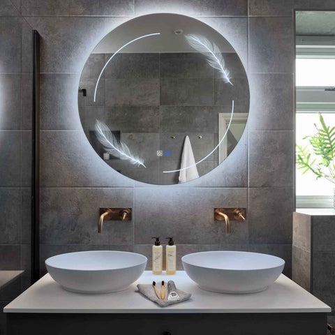 Miroir LED Rond | boutons tactiles | Fonction Anti-Buée | Lumière blanche froide - Reyze Série Good Vibes Modèle 2