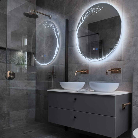Miroir LED Rond | boutons tactiles | Fonction Anti-Buée | Lumière blanche froide - Reyze Série Good Vibes Modèle 8