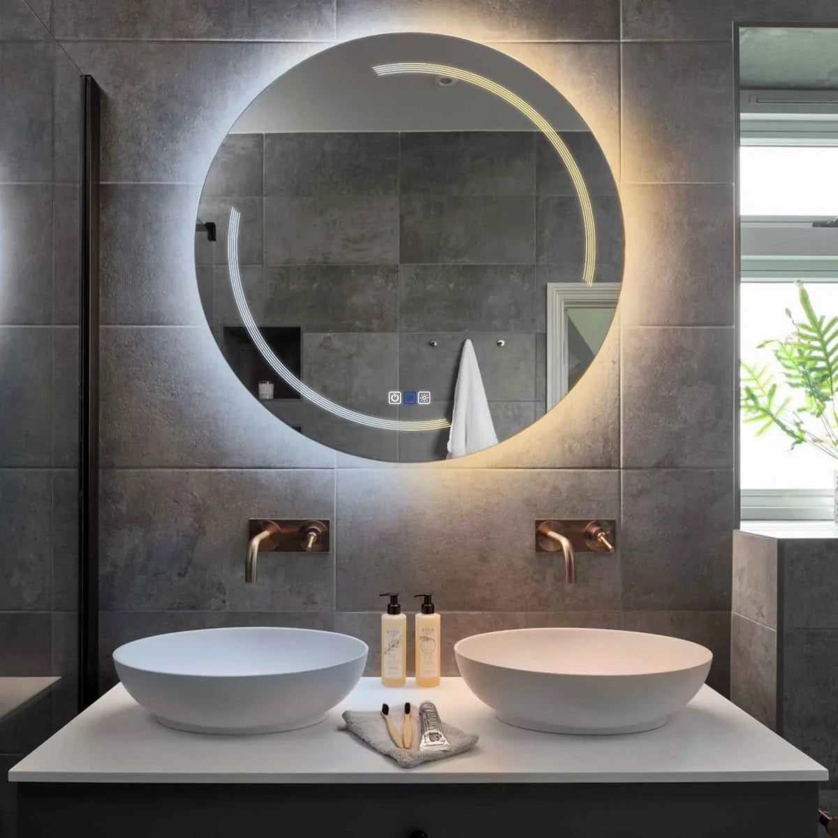 Miroir LED Rond | boutons tactiles | Fonction Anti-Buée | Température de couleur réglable - Reyze Série Minimal Modèle 2