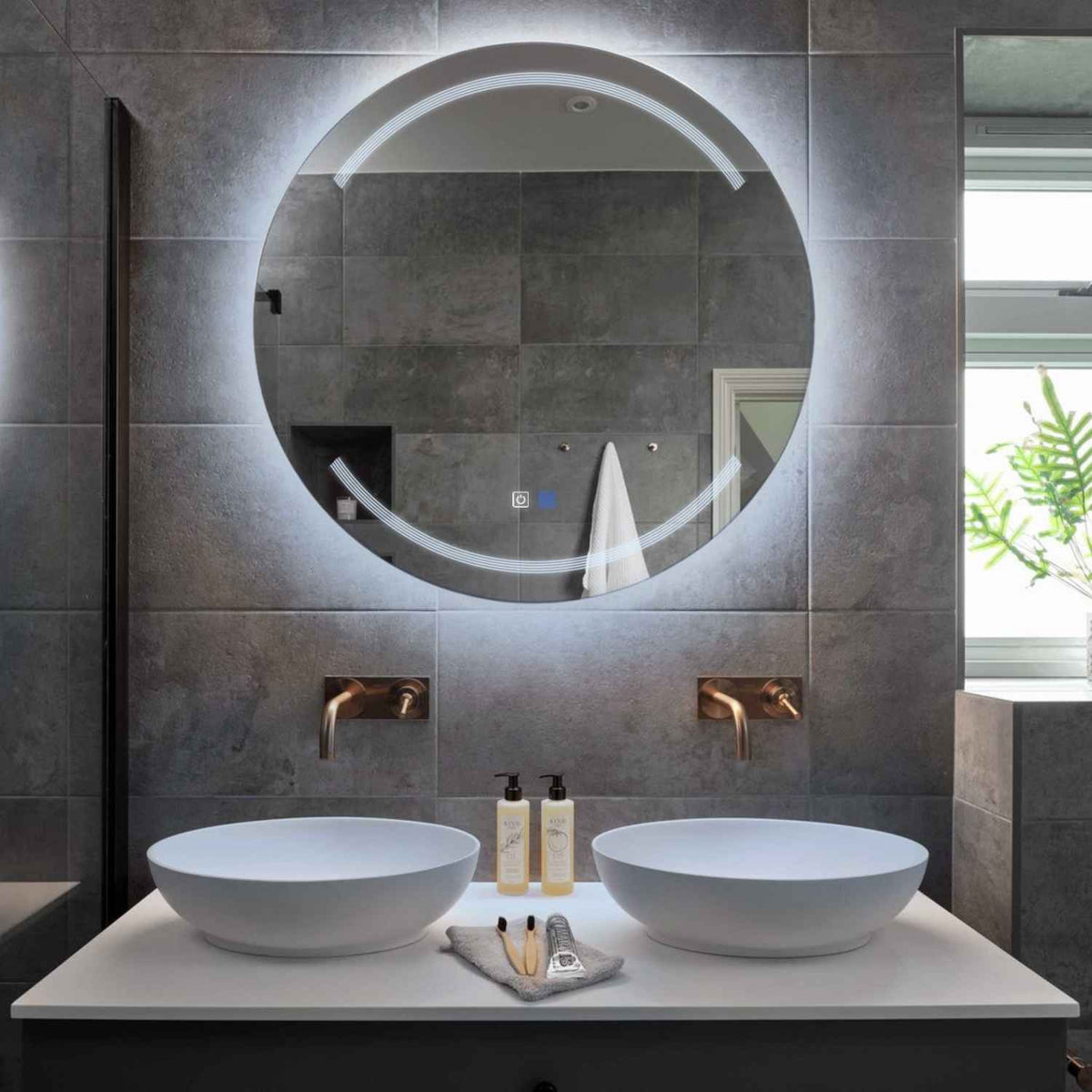 Miroir LED Rond | boutons tactiles | Fonction Anti-Buée | Lumière blanche froide - Reyze Série Minimal Modèle 8