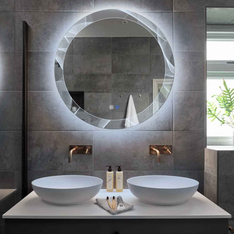 Miroir LED Rond | boutons tactiles | Fonction Anti-Buée | Lumière blanche froide - Reyze Série Simetria Modèle 2