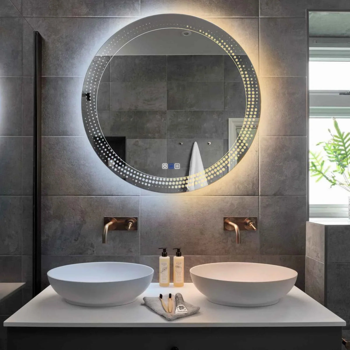 Miroir LED Rond | boutons tactiles | Fonction Anti-Buée | Température de couleur réglable - Reyze Série Simetria Modèle 8