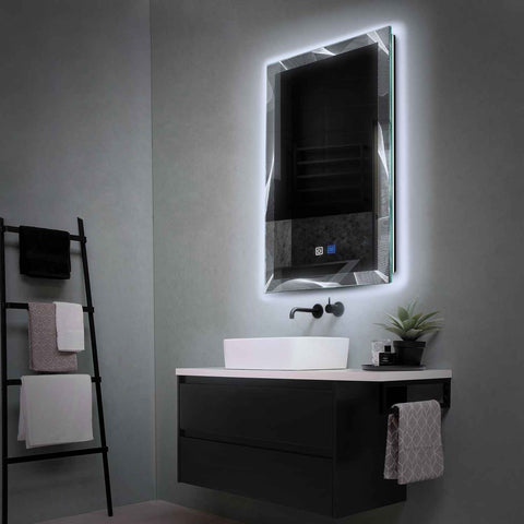 Miroir LED Vertical | boutons tactiles | Fonction Anti-Buée | Lumière blanche froide - Reyze Série Simetria Modèle 2