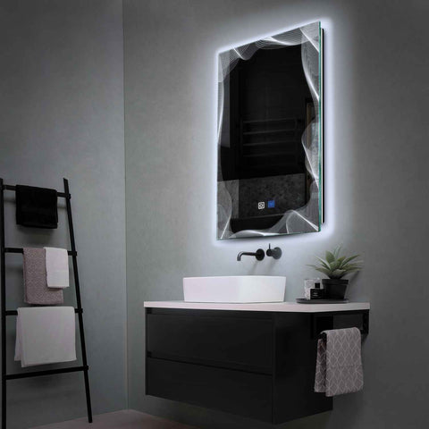 Miroir LED Vertical | boutons tactiles | Fonction Anti-Buée | Lumière blanche froide - Reyze Série Simetria Modèle 3