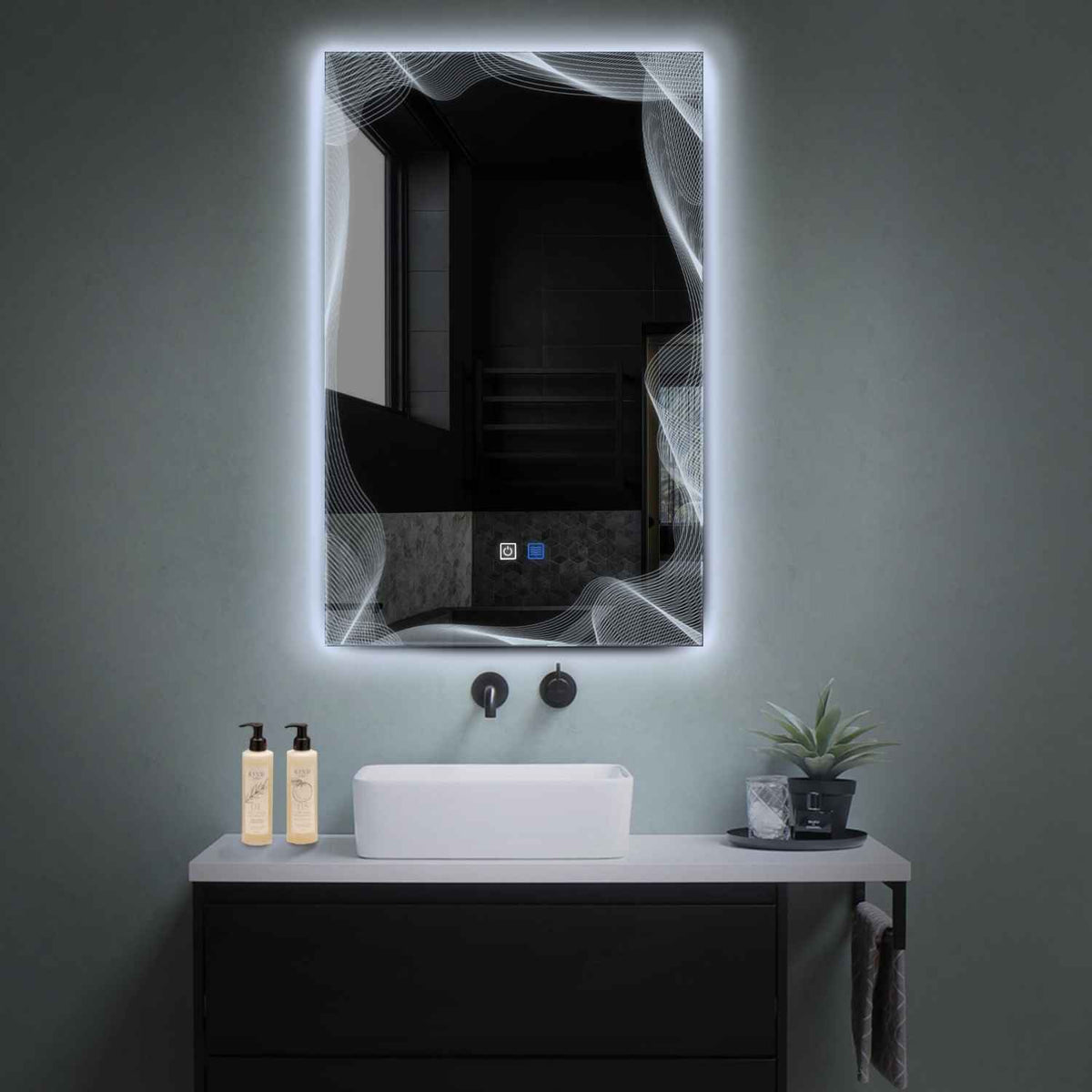 Miroir LED Vertical | boutons tactiles | Fonction Anti-Buée | Lumière blanche froide - Reyze Série Simetria Modèle 3