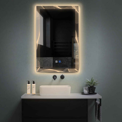 Miroir LED Vertical | boutons tactiles | Fonction Anti-Buée | Lumière Blanche Chaude - Reyze Série Simetria Modèle 2