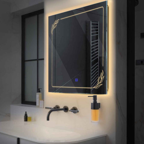 Miroir LED Carré | Bouton Tactile | Lumière Blanche Chaude - Reyze Série Good Vibes Modèle 1