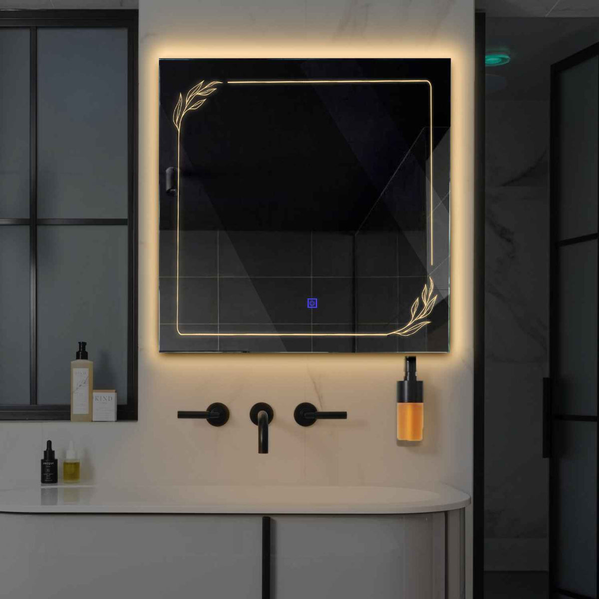 Miroir LED Carré | Bouton Tactile | Lumière Blanche Chaude - Reyze Série Good Vibes Modèle 1