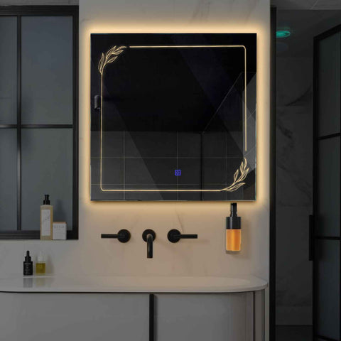 Miroir LED Carré | Bouton Tactile | Lumière Blanche Chaude - Reyze Série Good Vibes Modèle 1