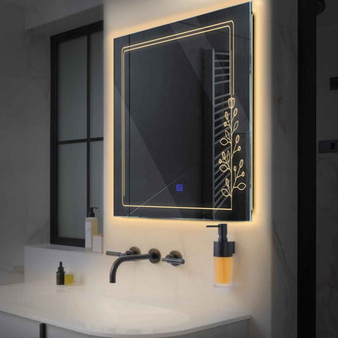 Miroir LED Carré | Bouton Tactile | Lumière Blanche Chaude - Reyze Série Good Vibes Modèle 3