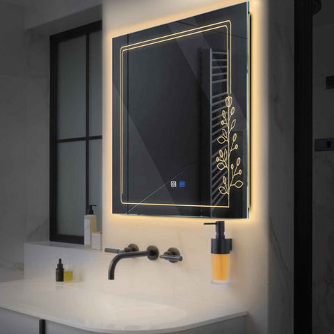 Miroir LED Carré | boutons tactiles | Fonction Anti-Buée | Lumière Blanche Chaude - Reyze Série Good Vibes Modèle 3