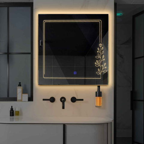 Miroir LED Carré | Bouton Tactile | Lumière Blanche Chaude - Reyze Série Good Vibes Modèle 3