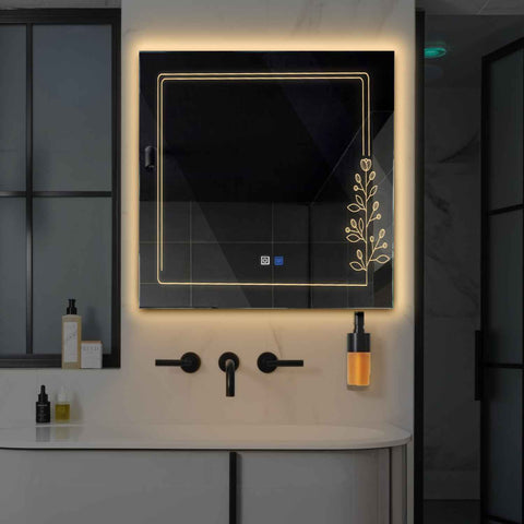 Miroir LED Carré | boutons tactiles | Fonction Anti-Buée | Lumière Blanche Chaude - Reyze Série Good Vibes Modèle 3