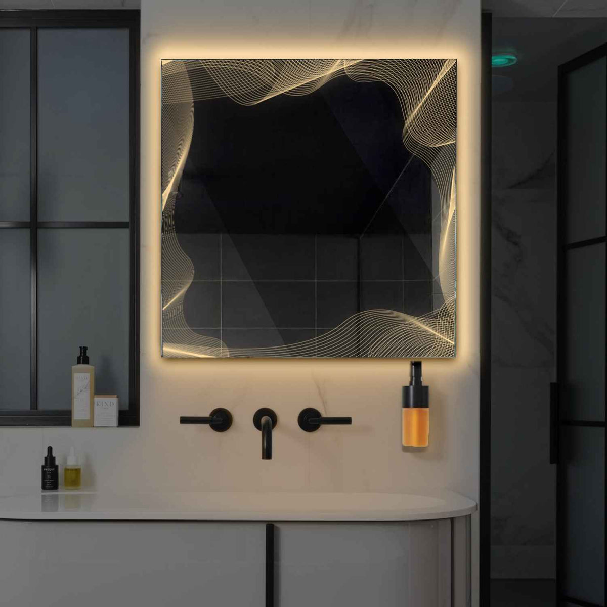 Miroir LED Carré | Sans Boutons Tactiles | Lumière Blanche Chaude - Reyze Série Simetria Modèle 3
