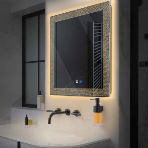 Miroir LED Carré | boutons tactiles | Fonction Anti-Buée | Lumière Blanche Chaude - Reyze Série Simetria Modèle 4