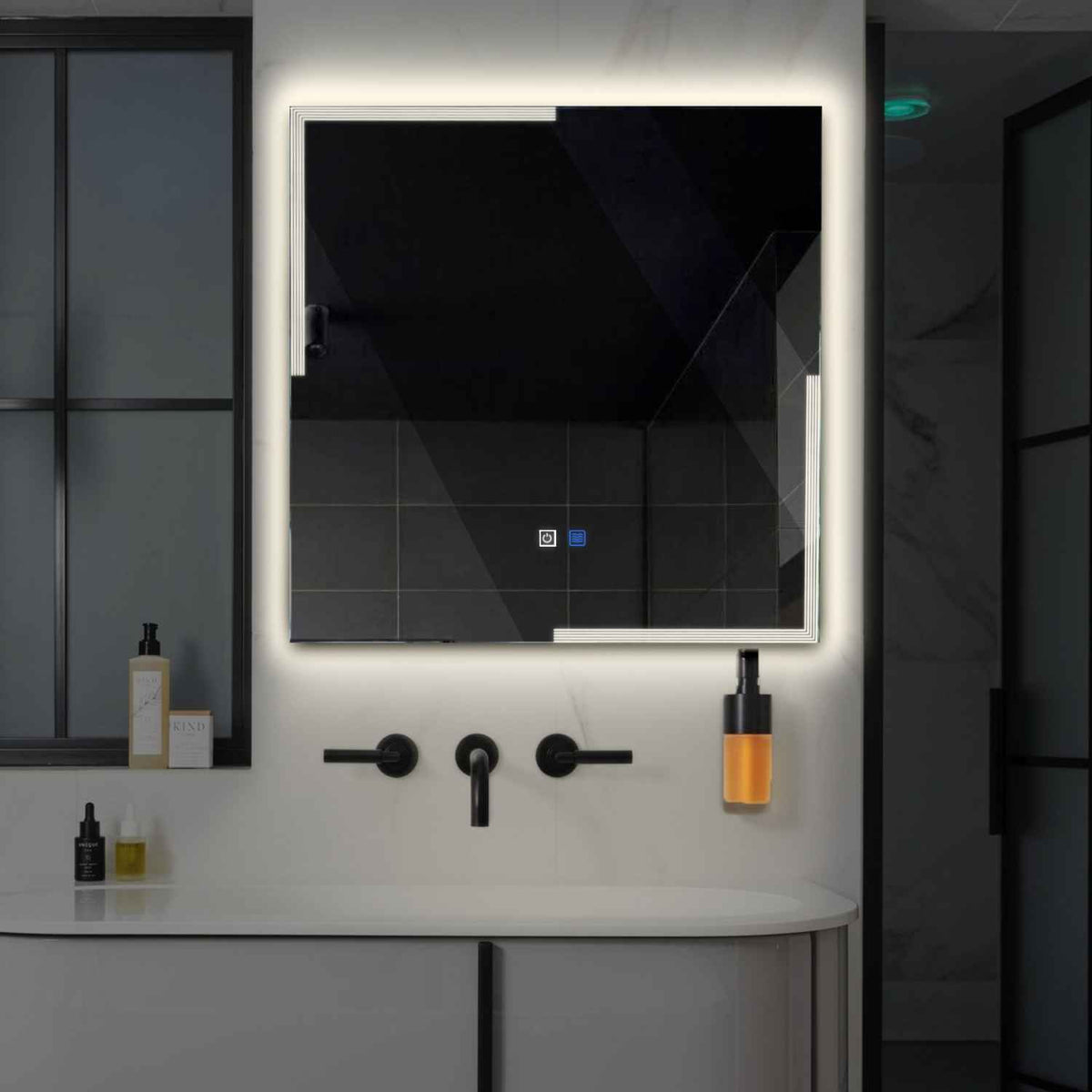 Miroir LED Carré | boutons tactiles | Fonction Anti-Buée | Lumière blanche neutre - Reyze Série Edge Modèle 2