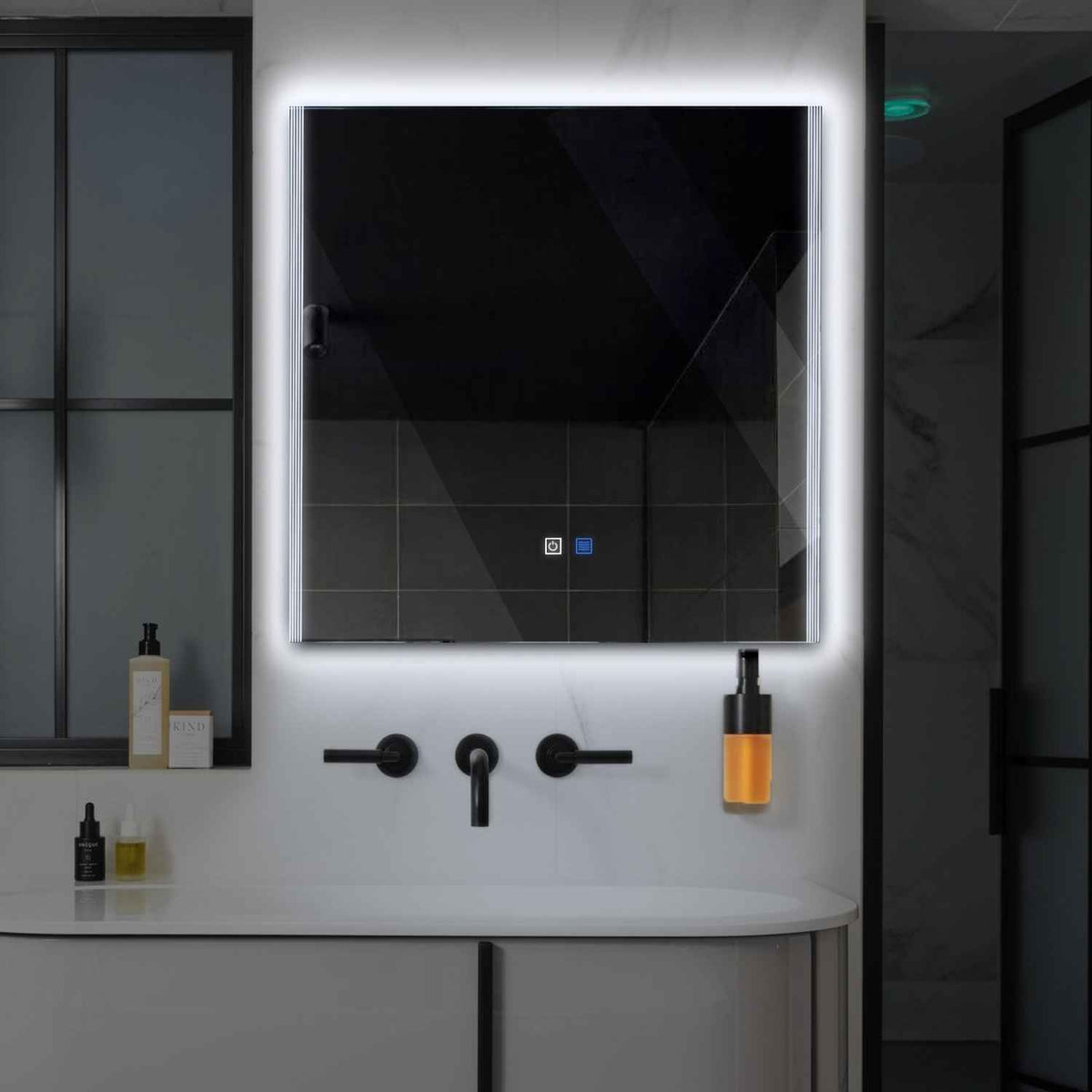 Miroir LED Carré | boutons tactiles | Fonction Anti-Buée | Lumière blanche froide - Reyze Série Edge Modèle 7
