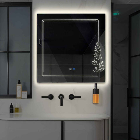 Miroir LED Carré | boutons tactiles | Fonction Anti-Buée | Lumière blanche neutre - Reyze Série Good Vibes Modèle 3