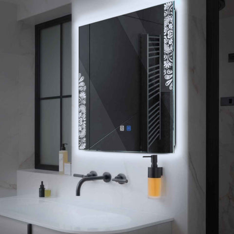 Miroir LED Carré | boutons tactiles | Fonction Anti-Buée | Lumière blanche froide - Reyze Série Good Vibes Modèle 4