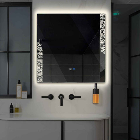 Miroir LED Carré | boutons tactiles | Fonction Anti-Buée | Lumière blanche neutre - Reyze Série Good Vibes Modèle 4