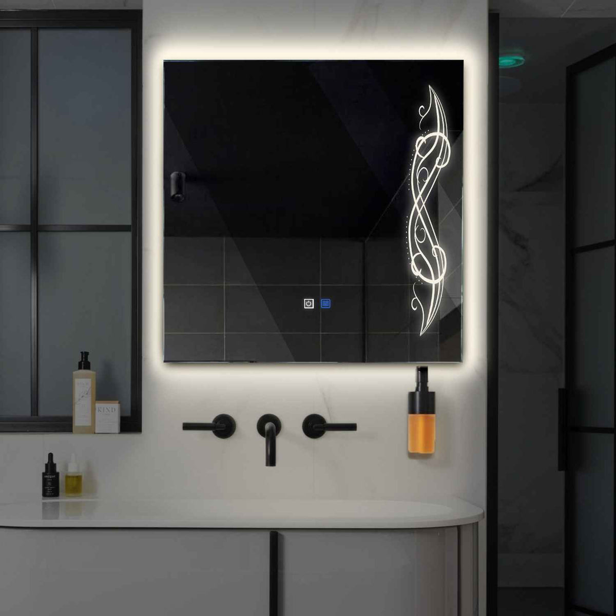 Miroir LED Carré | boutons tactiles | Fonction Anti-Buée | Lumière blanche neutre - Reyze Série Good Vibes Modèle 6