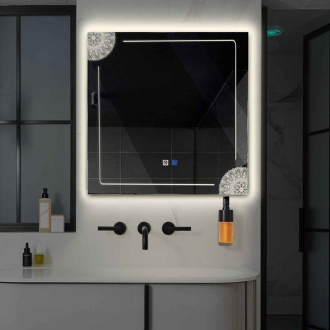 Miroir LED Carré | boutons tactiles | Fonction Anti-Buée | Lumière blanche neutre - Reyze Série Good Vibes Modèle 7