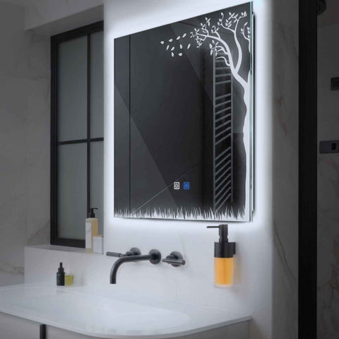 Miroir LED Carré | boutons tactiles | Fonction Anti-Buée | Lumière blanche froide - Reyze Série Good Vibes Modèle 8