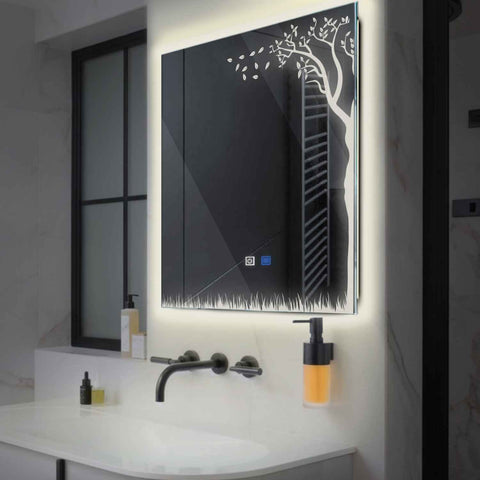 Miroir LED Carré | boutons tactiles | Fonction Anti-Buée | Lumière blanche neutre - Reyze Série Good Vibes Modèle 8