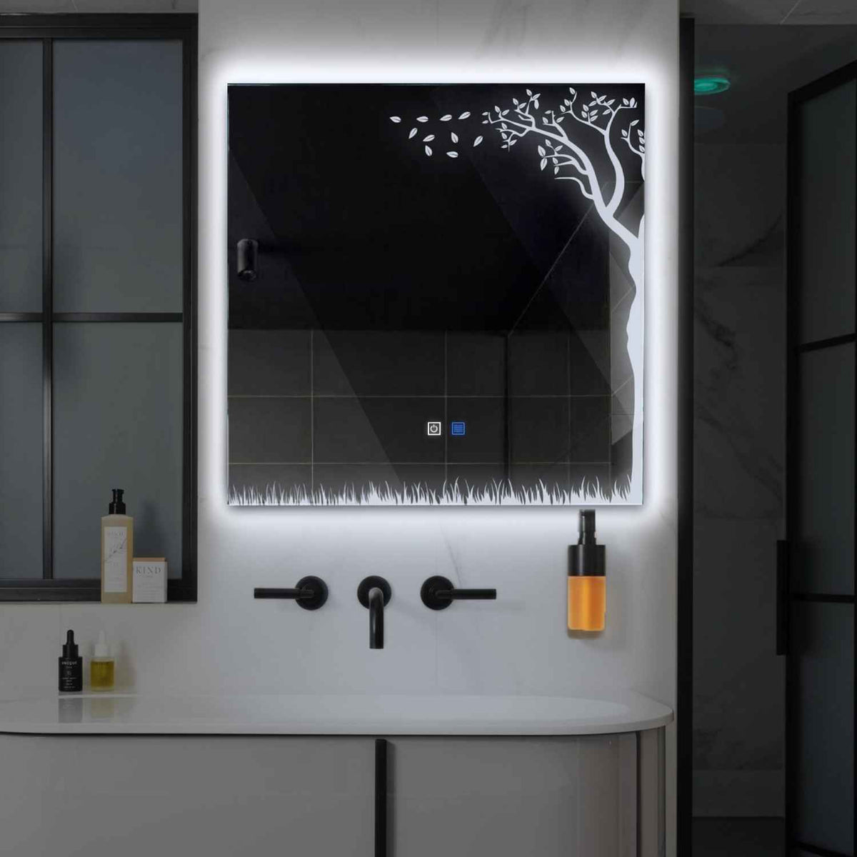 Miroir LED Carré | boutons tactiles | Fonction Anti-Buée | Lumière blanche froide - Reyze Série Good Vibes Modèle 8