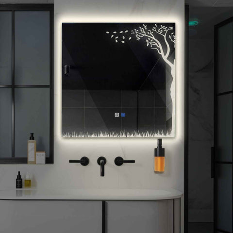 Miroir LED Carré | boutons tactiles | Fonction Anti-Buée | Lumière blanche neutre - Reyze Série Good Vibes Modèle 8
