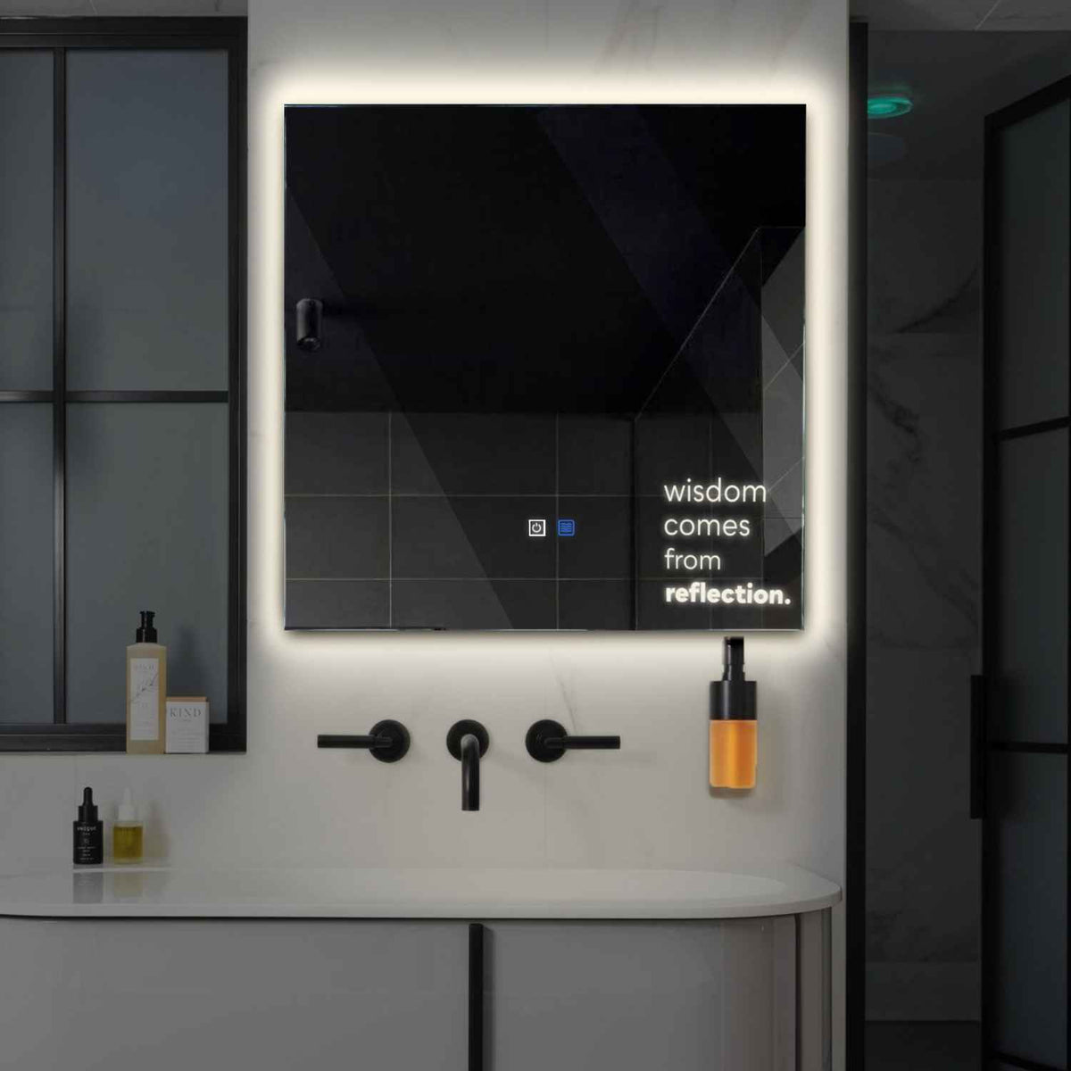 Miroir LED Carré | boutons tactiles | Fonction Anti-Buée | Lumière blanche neutre - Reyze Série Motivated Modèle 1