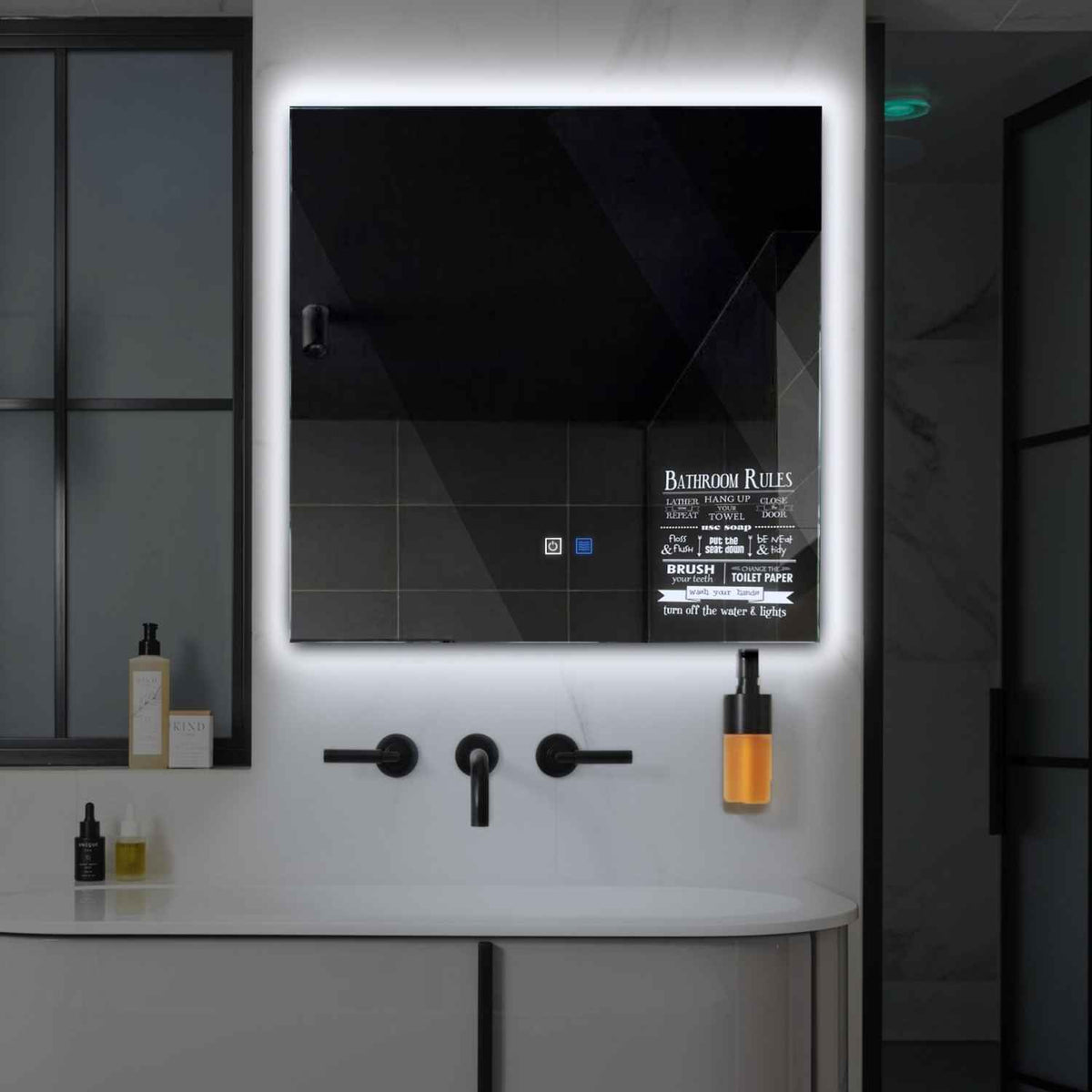 Miroir LED Carré | boutons tactiles | Fonction Anti-Buée | Lumière blanche froide - Reyze Série Motivated Modèle 5